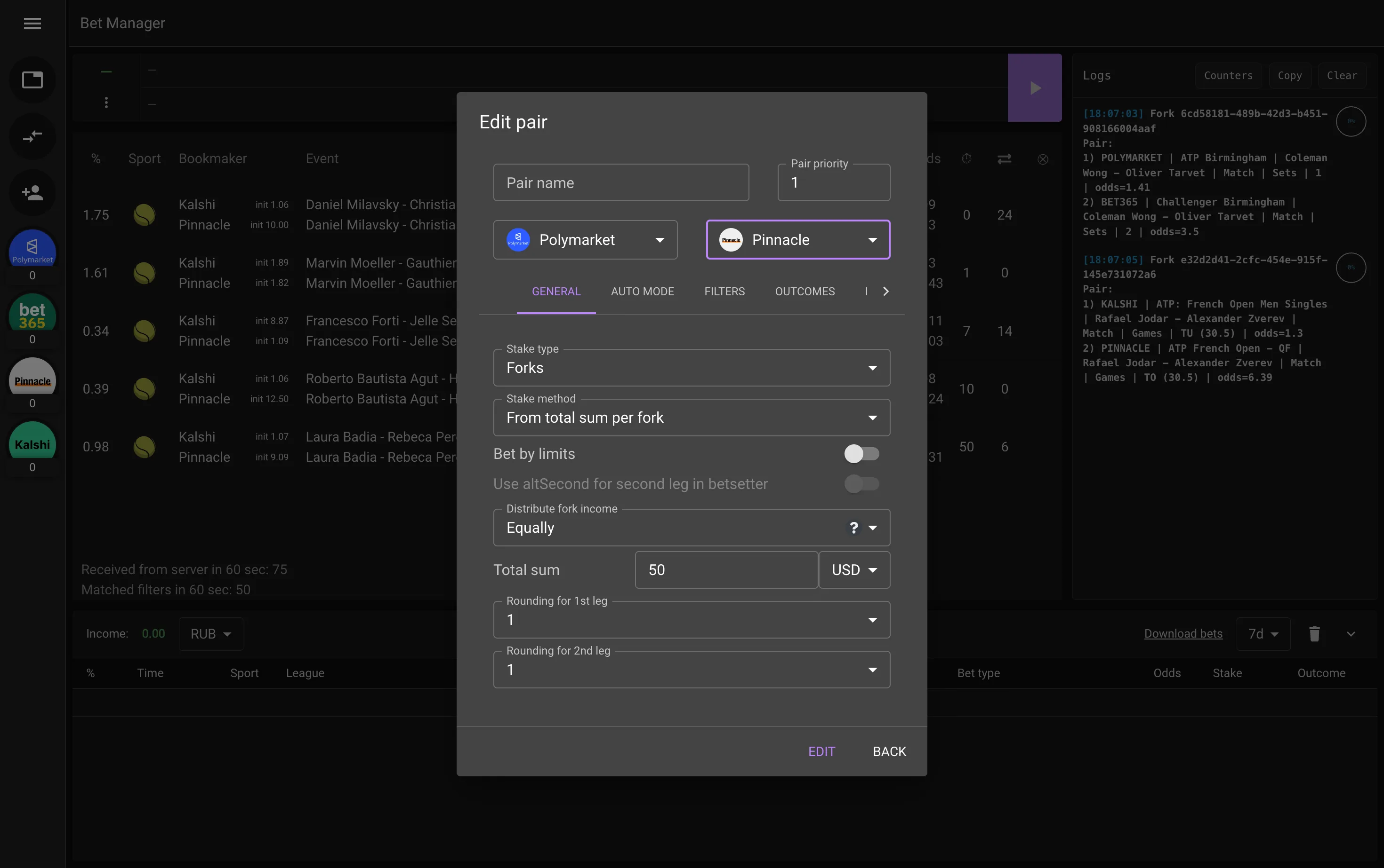 Forkify Bet Manager — edit pair configuration